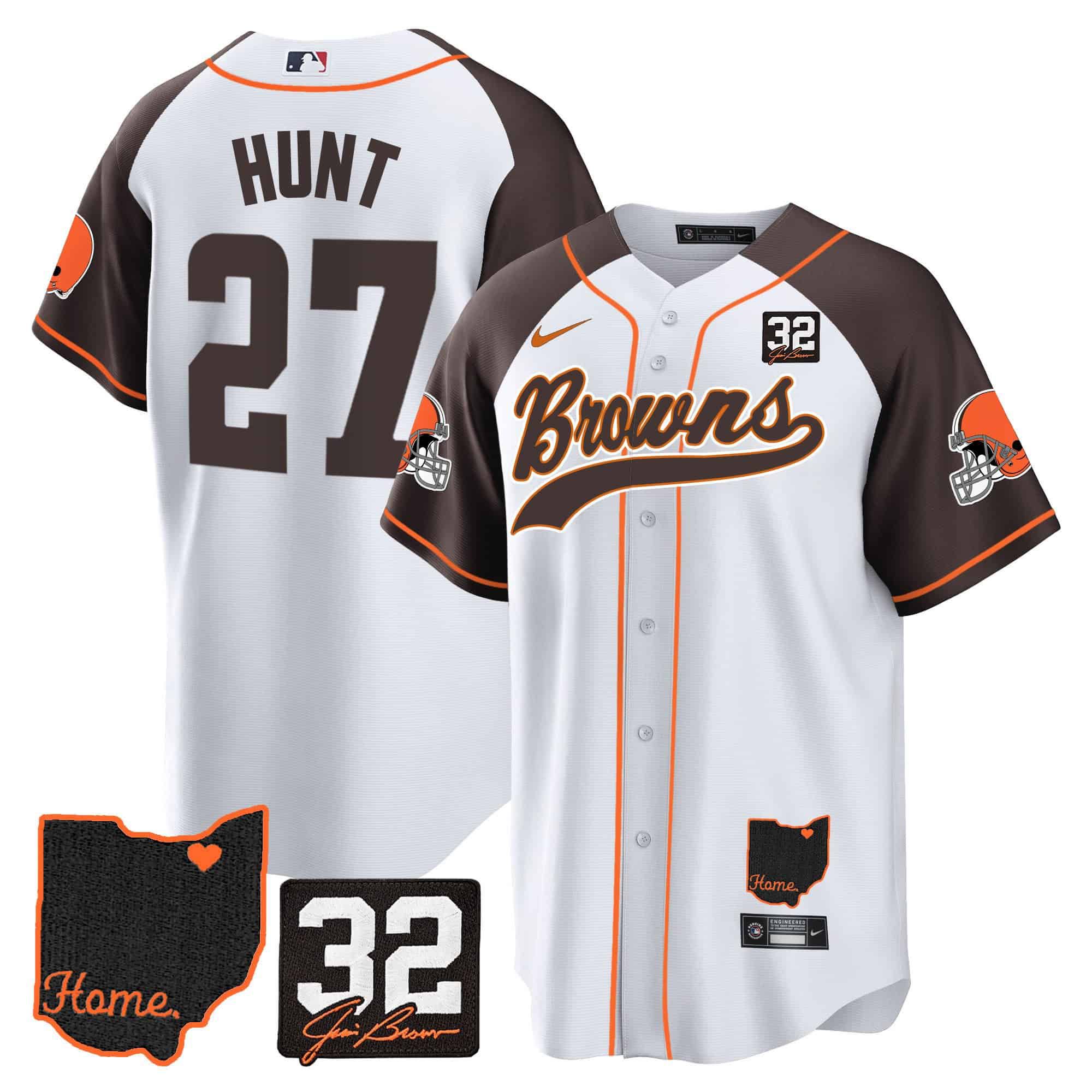 Men Cleveland Browns #27 Hunt White Memorial Home Patch Baseball 2024 Nike NFL Jersey style 1